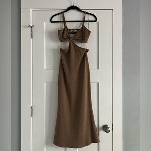 Brown Fitted Cut-Out Midi Dress